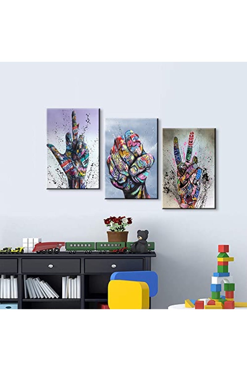 Mistyefly 3 Piece Graffiti Wall Art Hand Gestures Pop Poster Colorful Decor Canvas Street for Living Room Bedroom - Image 3