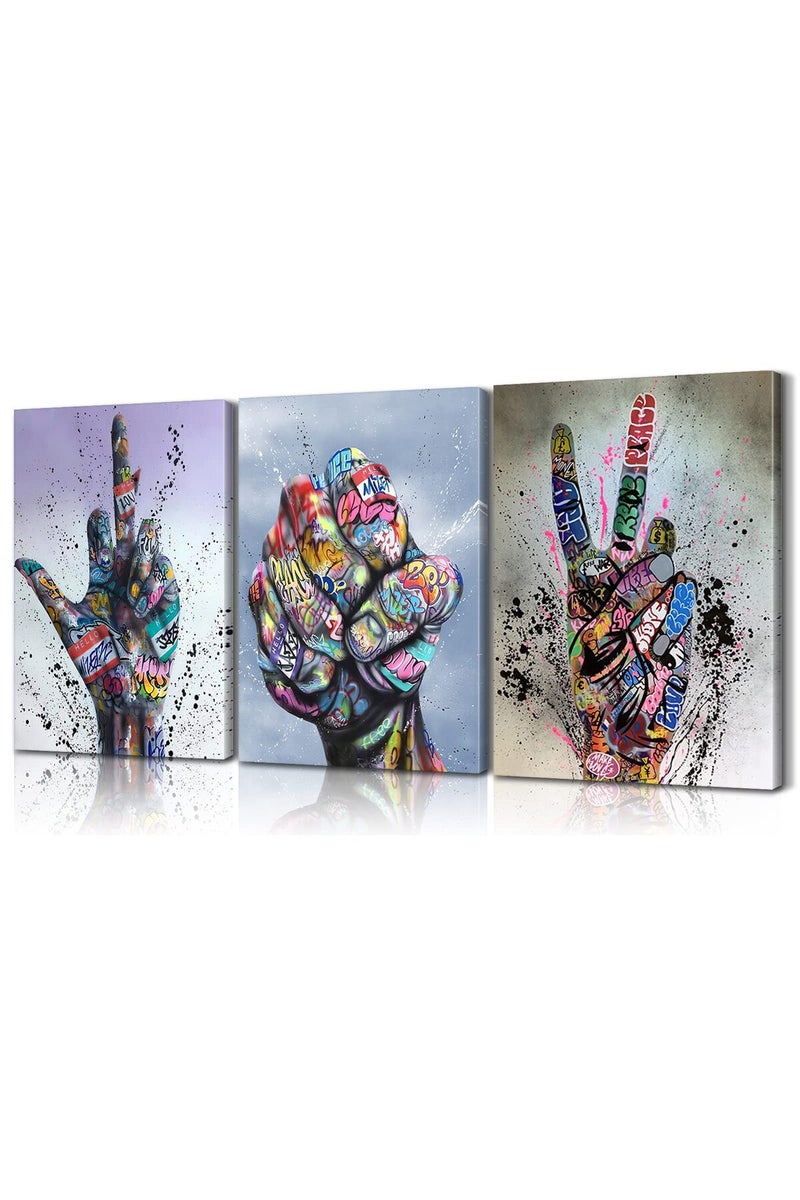 Mistyefly 3 Piece Graffiti Wall Art Hand Gestures Pop Poster Colorful Decor Canvas Street for Living Room Bedroom - Image 1
