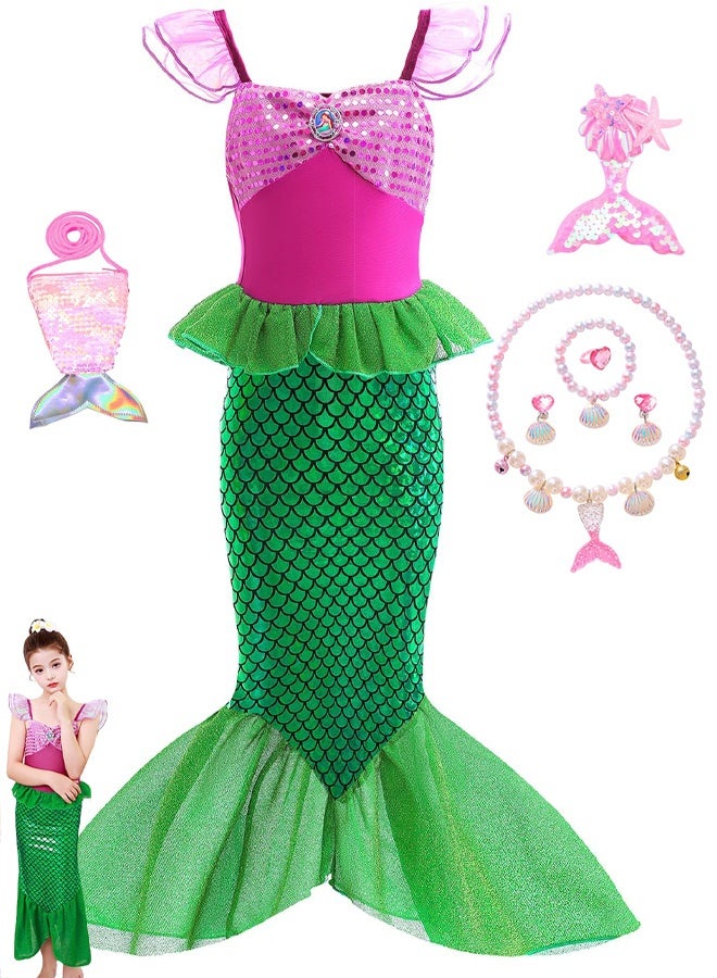 TAPIT Mermaid Princess Costume for Girls Kids Party Dress Up with Accessories Pendant Earrings Hair Clips Handbag Halloween Christmas Birthday Cosplay Outfit Mermaid Dress - Image 1