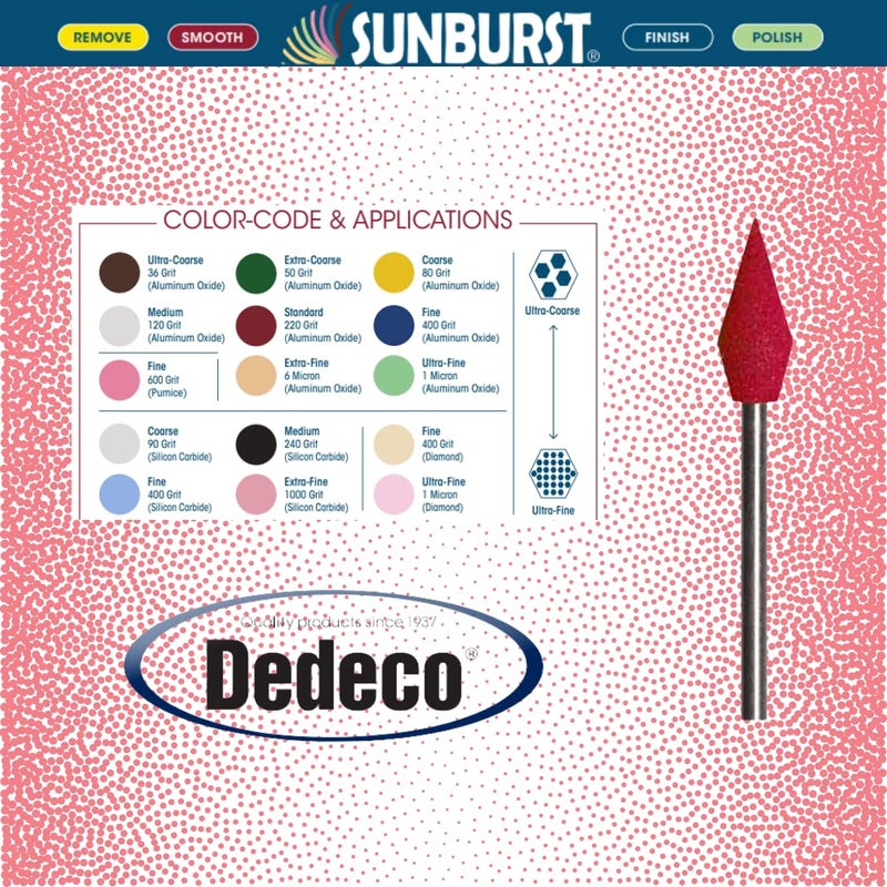 Dedeco Sunburst Points – 3/32” (2.35mm) Shank, Shape -14, Precision Thermoplastic Cleaning Polishing Deburring Rotary Tool Accessories, Standard 220 Grit, Aluminum Oxide - 12 Pack - Image 2