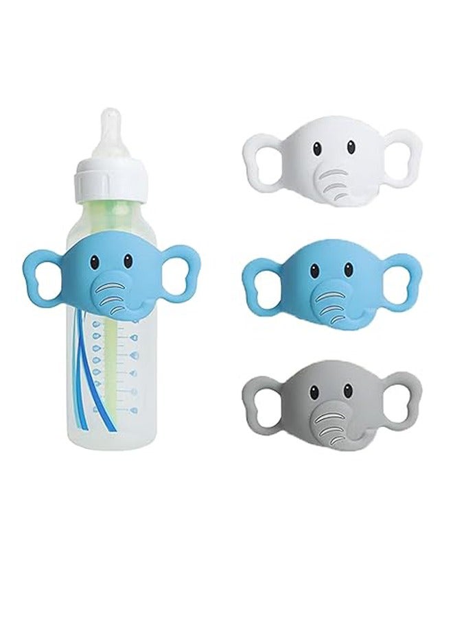 3-Pack Silicone Baby Bottle Handles for Dr. Brown's Narrow and Wide Baby Bottle Hoder, Elephant Design, Easy-Grip Self-Feeding Universal Bottle Handles, BPA Free, 100% Silicone, White, Gray, Blue - Image 1