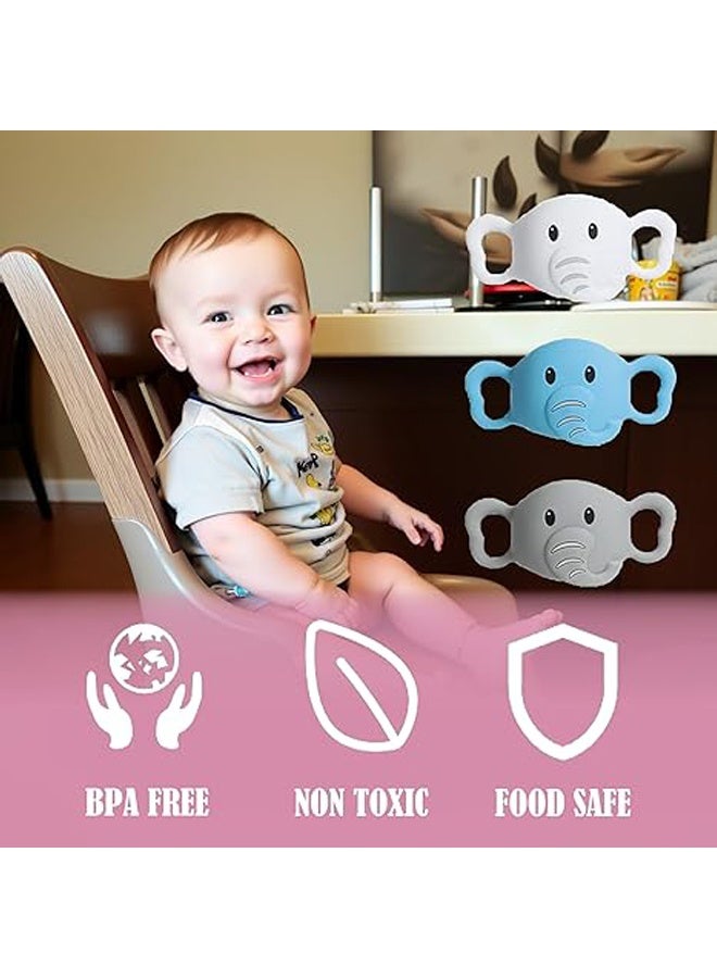 3-Pack Silicone Baby Bottle Handles for Dr. Brown's Narrow and Wide Baby Bottle Hoder, Elephant Design, Easy-Grip Self-Feeding Universal Bottle Handles, BPA Free, 100% Silicone, White, Gray, Blue - Image 2