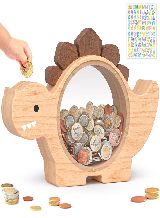 Summidate Wooden Dinosaur Piggy Bank for Kids Boys, Cute Wood Dino Money Bank for Toddlers, Creative Saving Coin Jar, Personalized Present for Child Birthday & Decor (Natrul Wood, Standard) - Image 1