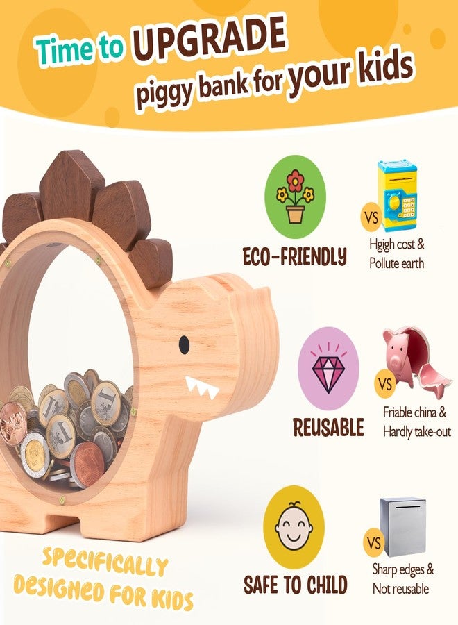 Summidate Wooden Dinosaur Piggy Bank for Kids Boys, Cute Wood Dino Money Bank for Toddlers, Creative Saving Coin Jar, Personalized Present for Child Birthday & Decor (Natrul Wood, Standard) - Image 3