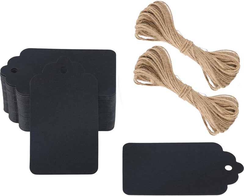 g2plus Price Tags, 100PCS Black Paper Gift Tags, 2.8×1.6 in Blank Labeling Tag, Blank Paper Hang Tag with String for Gift Wrapping, DIY Arts & Crafts, Graduation, Halloween, Garage Sales - Image 1