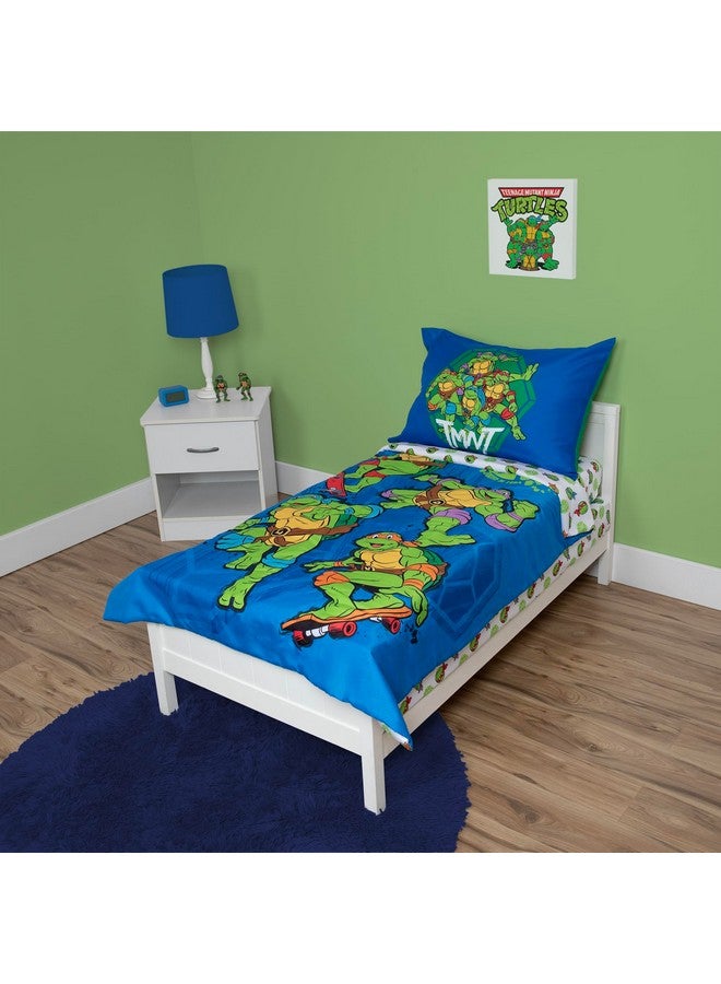 Teenage Mutant Ninja Turtles طقم سرير للأطفال من سلاحف النينجا المتحولة 4 قطع - يشمل لحاف، مجموعة شراشف - شراشف ملائمة + شراشف علوية + غطاء وسادة قابل للعكس لسرير الأولاد، أزرق - Image 1