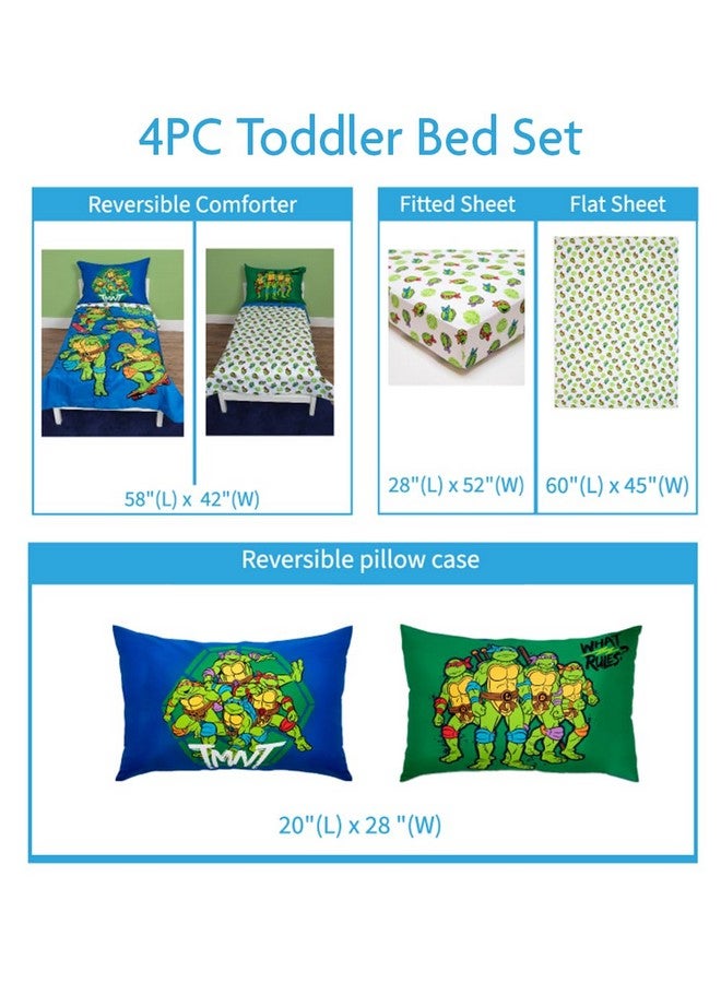 Teenage Mutant Ninja Turtles طقم سرير للأطفال من سلاحف النينجا المتحولة 4 قطع - يشمل لحاف، مجموعة شراشف - شراشف ملائمة + شراشف علوية + غطاء وسادة قابل للعكس لسرير الأولاد، أزرق - Image 2