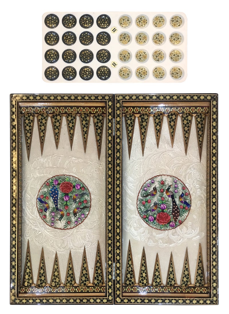 MARGOUN - Handmade Persian Khatam Chess Set with Backgammon and Marble Stone Pieces – A Timeless Masterpiece 50x50cm - Flower Design - Image 1