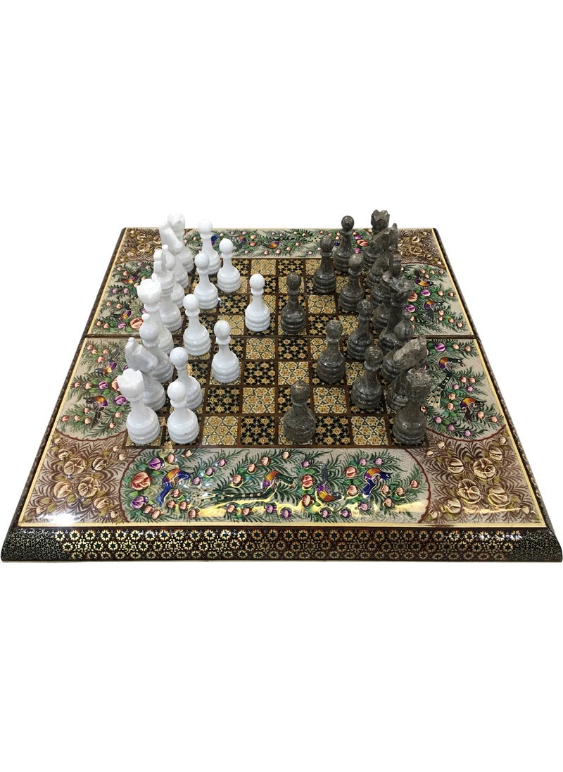 MARGOUN - Handmade Persian Khatam Chess Set with Backgammon and Marble Stone Pieces – A Timeless Masterpiece 50x50cm - Flower Design - Image 1