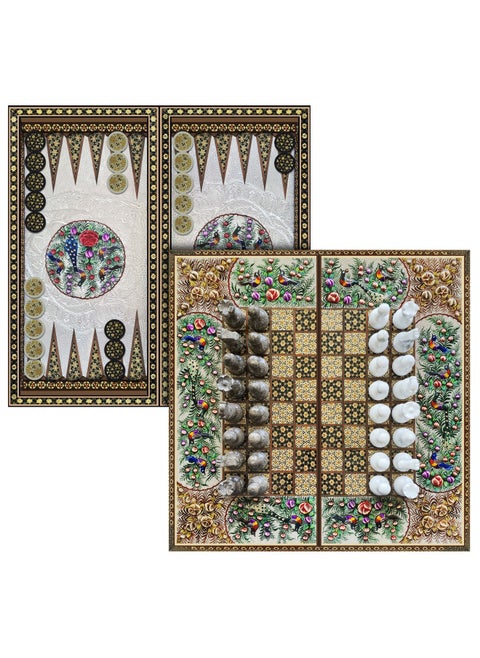 Handmade Persian Khatam Chess Set with Backgammon and Marble Stone Pieces – A Timeless Masterpiece 50x50cm - Flower Design