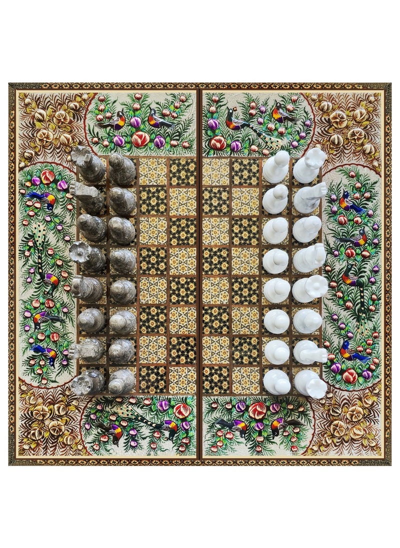 MARGOUN - Handmade Persian Khatam Chess Set with Backgammon and Marble Stone Pieces – A Timeless Masterpiece 50x50cm - Flower Design - Image 1