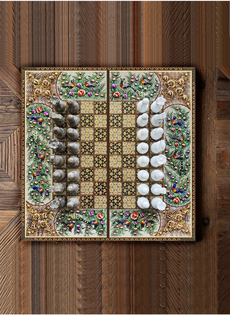 MARGOUN - Handmade Persian Khatam Chess Set with Backgammon and Marble Stone Pieces – A Timeless Masterpiece 50x50cm - Flower Design - Image 1