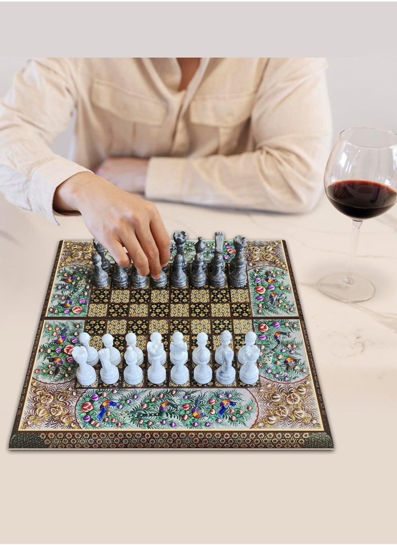 MARGOUN - Handmade Persian Khatam Chess Set with Backgammon and Marble Stone Pieces – A Timeless Masterpiece 50x50cm - Flower Design - Image 1