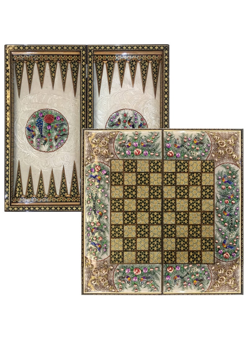 MARGOUN - Handmade Persian Khatam Chess Set with Backgammon and Marble Stone Pieces – A Timeless Masterpiece 50x50cm - Flower Design - Image 1