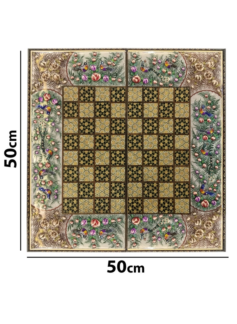 MARGOUN - Handmade Persian Khatam Chess Set with Backgammon and Marble Stone Pieces – A Timeless Masterpiece 50x50cm - Flower Design - Image 1