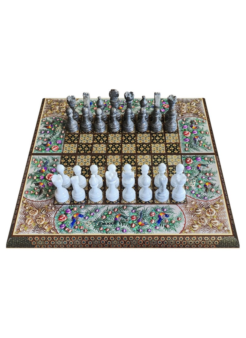 MARGOUN - Handmade Persian Khatam Chess Set with Backgammon and Marble Stone Pieces – A Timeless Masterpiece 50x50cm - Flower Design - Image 1