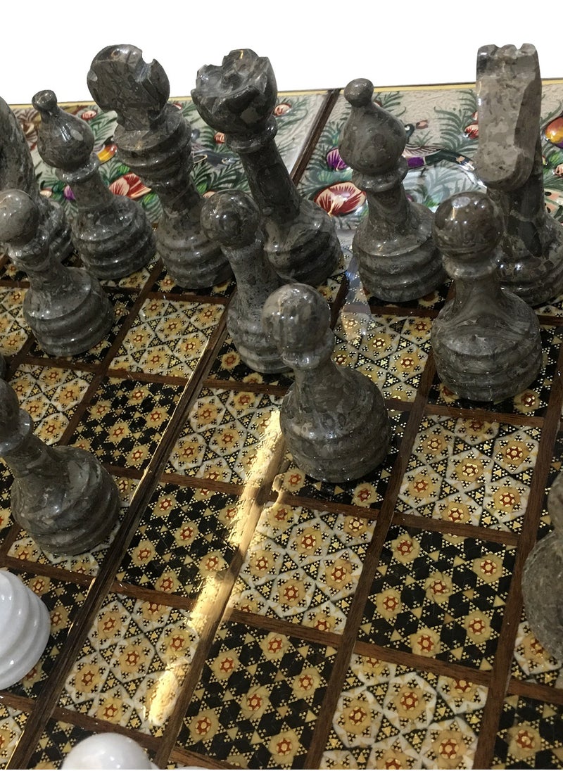 MARGOUN - Handmade Persian Khatam Chess Set with Backgammon and Marble Stone Pieces – A Timeless Masterpiece 50x50cm - Flower Design - Image 1