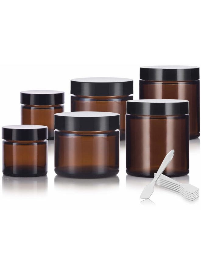 JUVITUS 6 piece Amber Glass Straight Sided Jar Multi Size Set : Includes 2-1 oz, 2-2 oz, and 2-4 oz Amber Glass Jars with Black Lids + Spatulas for Aromatherapy, Essential Oils, Travel and Home - Image 1