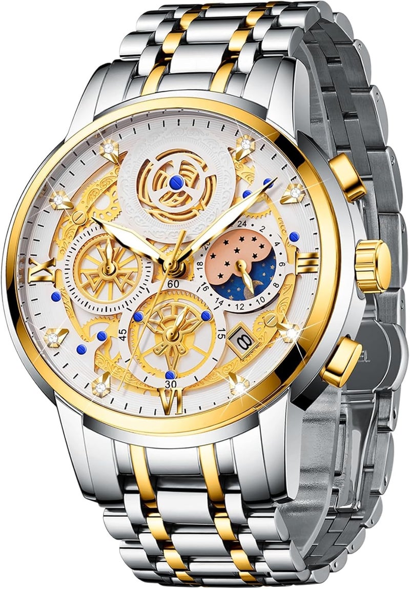 erorex Moon Phase Watch for Men, Multifunction Chronograph Dial Analog Quartz Wristwatch Luxury Diamond Business Dress Watch with Luminous Waterproof Calendar Stainless Steel Strap - Image 1