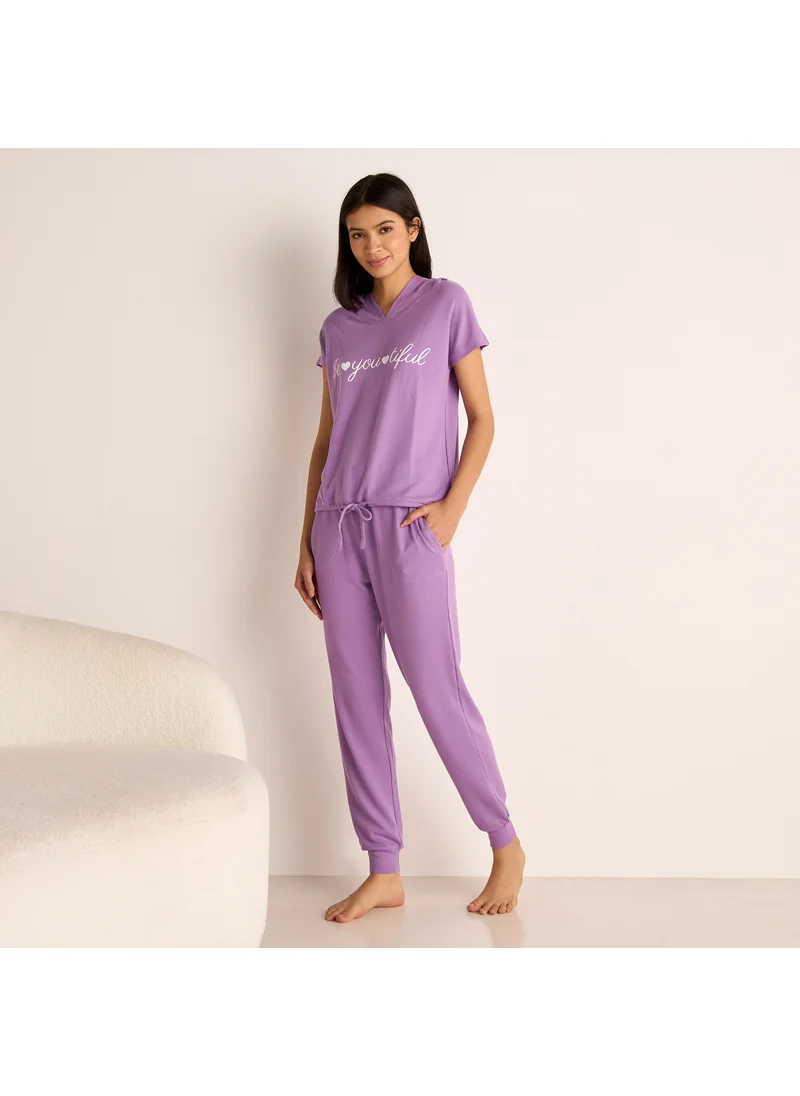 فاف Slogan Print Hooded T-shirt and Elasticated Joggers Set