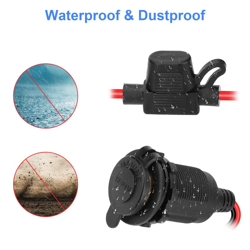 SOLARAE Vehicle Power Socket Extension Cord for 12V 24V DC Outlet, 6.6FT 13AWG Female Plug Cable with 3 Blade Fuses, Waterproof Cover for Car Marine RV Truck Motorcycle - Image 4