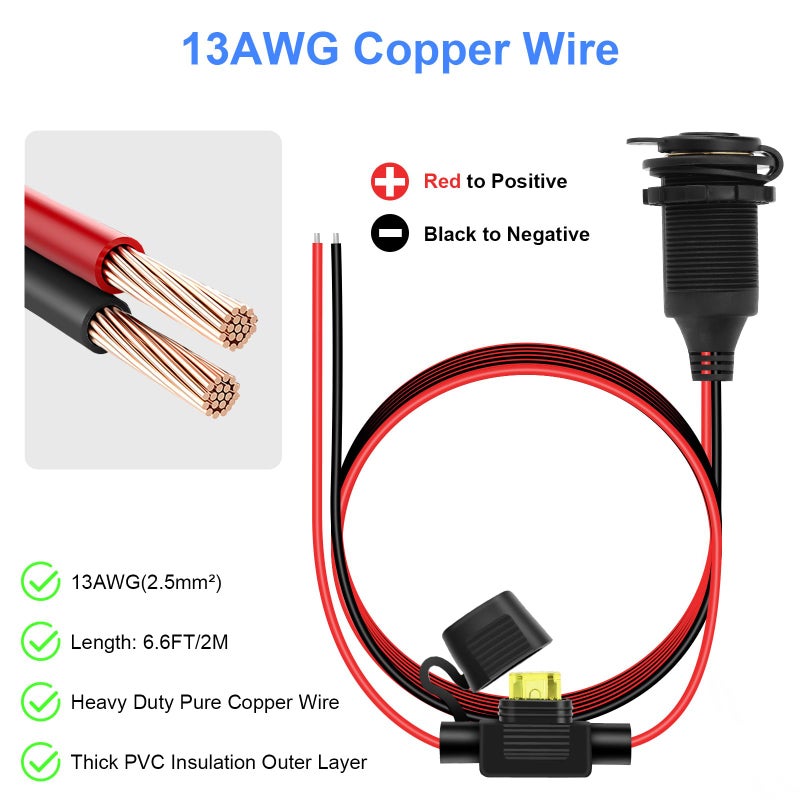 SOLARAE Vehicle Power Socket Extension Cord for 12V 24V DC Outlet, 6.6FT 13AWG Female Plug Cable with 3 Blade Fuses, Waterproof Cover for Car Marine RV Truck Motorcycle - Image 2