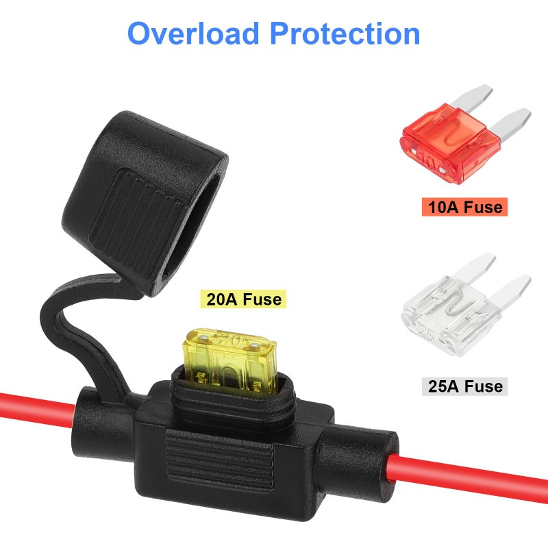SOLARAE Vehicle Power Socket Extension Cord for 12V 24V DC Outlet, 6.6FT 13AWG Female Plug Cable with 3 Blade Fuses, Waterproof Cover for Car Marine RV Truck Motorcycle - Image 3
