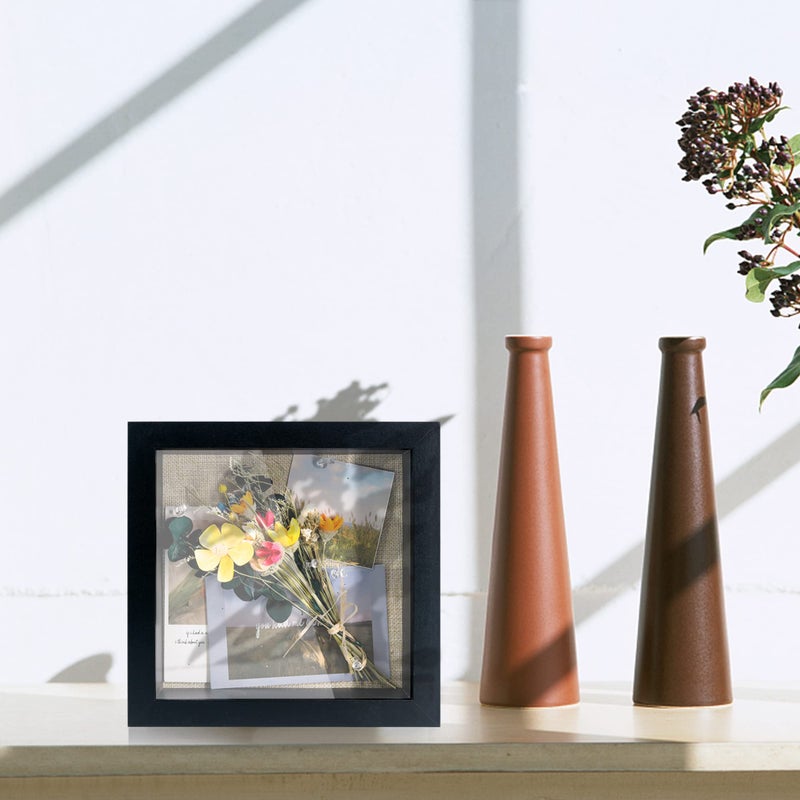 GraduationMall 8x8 Wood Shadow Box Frame Glass Door Display Case with Linen Back and 6 Stick Pins 1.5 inches Interior Depth Ideal for Memorabilia Pictures Flowers Medals Tickets Rustic Black - Image 2