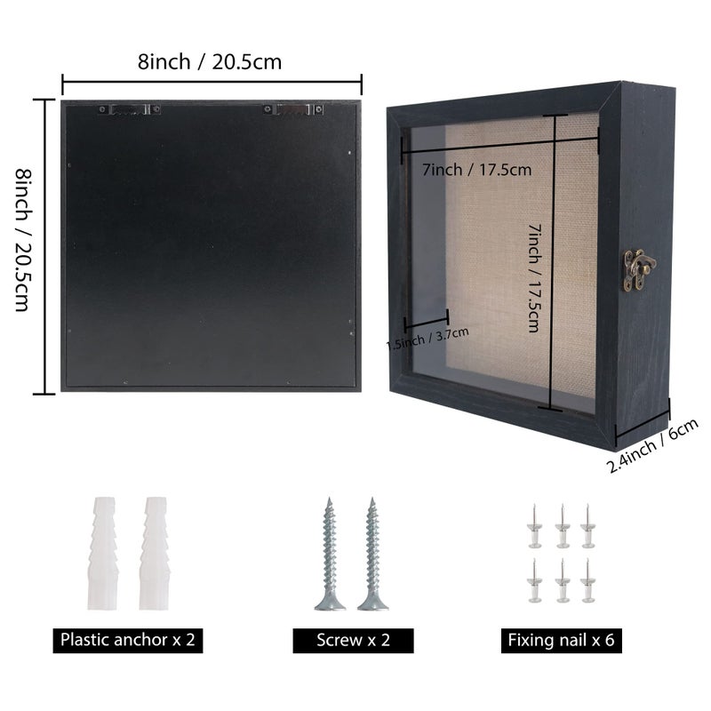 GraduationMall 8x8 Wood Shadow Box Frame Glass Door Display Case with Linen Back and 6 Stick Pins 1.5 inches Interior Depth Ideal for Memorabilia Pictures Flowers Medals Tickets Rustic Black - Image 5