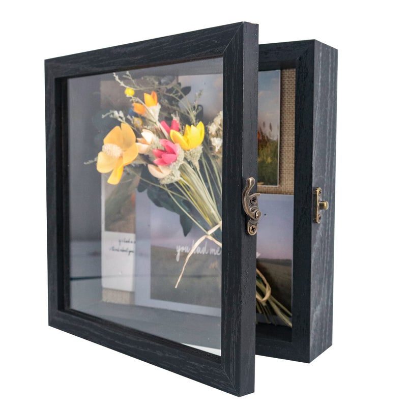 GraduationMall 8x8 Wood Shadow Box Frame Glass Door Display Case with Linen Back and 6 Stick Pins 1.5 inches Interior Depth Ideal for Memorabilia Pictures Flowers Medals Tickets Rustic Black - Image 1