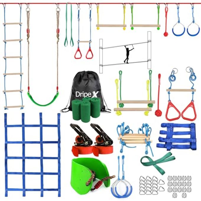 Dripex Ninja Warrior Obstacle Course For Kids Backyard 250Ft Slackline Kit With 10 Most Complete Accessories For Boys & Girls, Swing, Rope Ladder, Gymnastic Ring, Climbing Net, Arm Trainer And Monkey Fist - Image 1