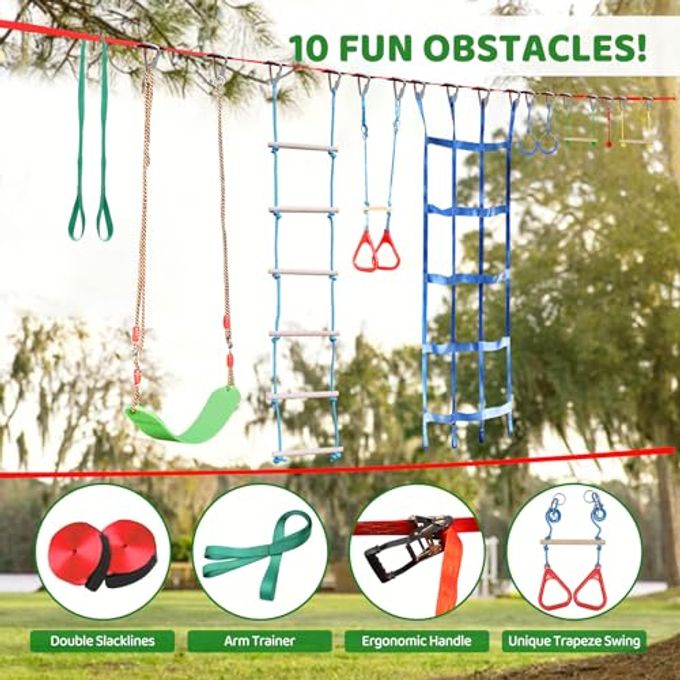 Dripex Ninja Warrior Obstacle Course For Kids Backyard 250Ft Slackline Kit With 10 Most Complete Accessories For Boys & Girls, Swing, Rope Ladder, Gymnastic Ring, Climbing Net, Arm Trainer And Monkey Fist - Image 3