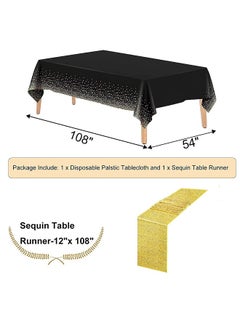 Generic Black Tablecloth with Gold Sequin Runner Set Elegant Black and Gold Party Decor Rectangle Plastic Table Cover for Celebrations Stylish Gold Table Runners for Graduation Birthday and Anniversaries  - Image 3