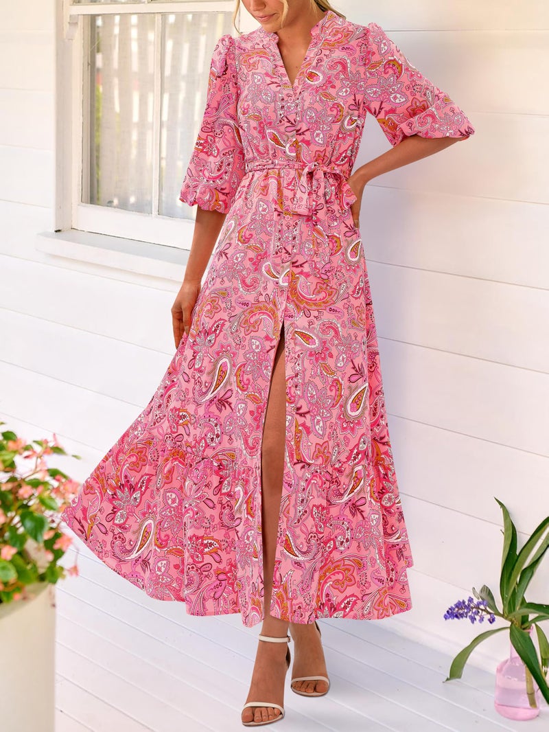 MASCOMODA Womens Floral Maxi Dresses Boho Summer Casual V Neck 3/4 Puff Sleeve Button Down Tie Waist Long Flowy Shirt Dress(Pink Floral,XX-Large) - Image 5
