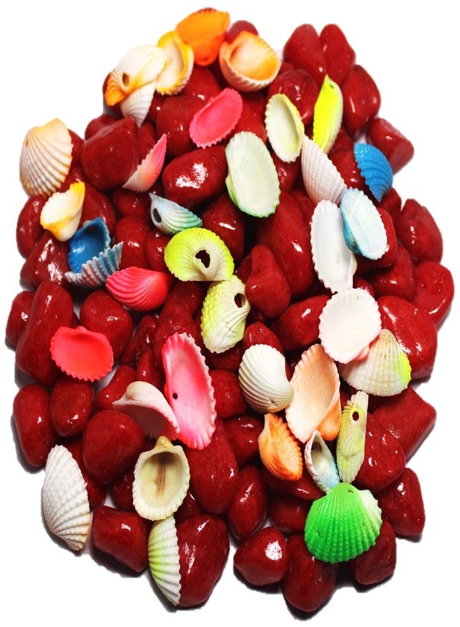 DS1 Red Pebbles Gravels Stone with Sea Shell for Aquarium, Table, Vase, Fountain, 350 gm
