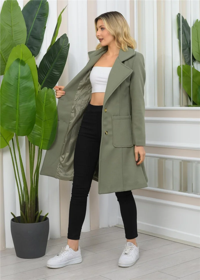 Nuseel New Season Double Breasted Collar Lining Detailed Long Cashmere Coat