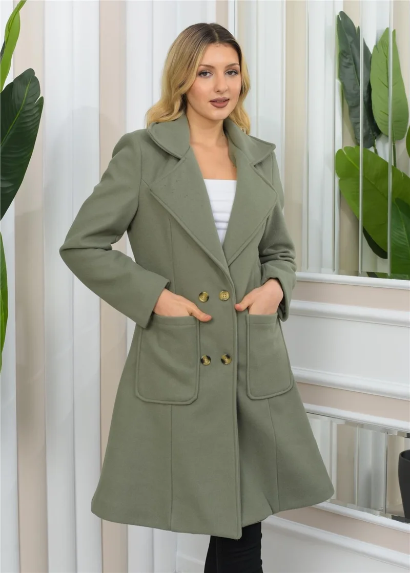 Nuseel New Season Double Breasted Collar Lining Detailed Long Cashmere Coat