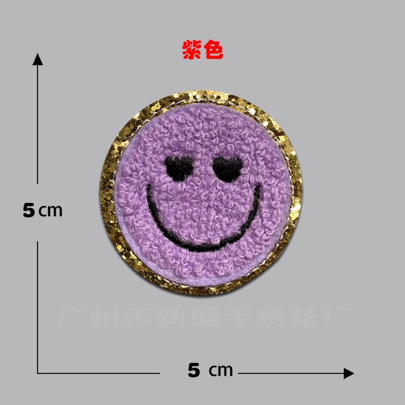 Towel Embroidery 5cm Smiley Embroidery Stamps Cloth Stickers Golden Onion Powder Gretel Self-adhesive Embroidery Stamps DIY Accessories Jewelry Purple self-adhesive 