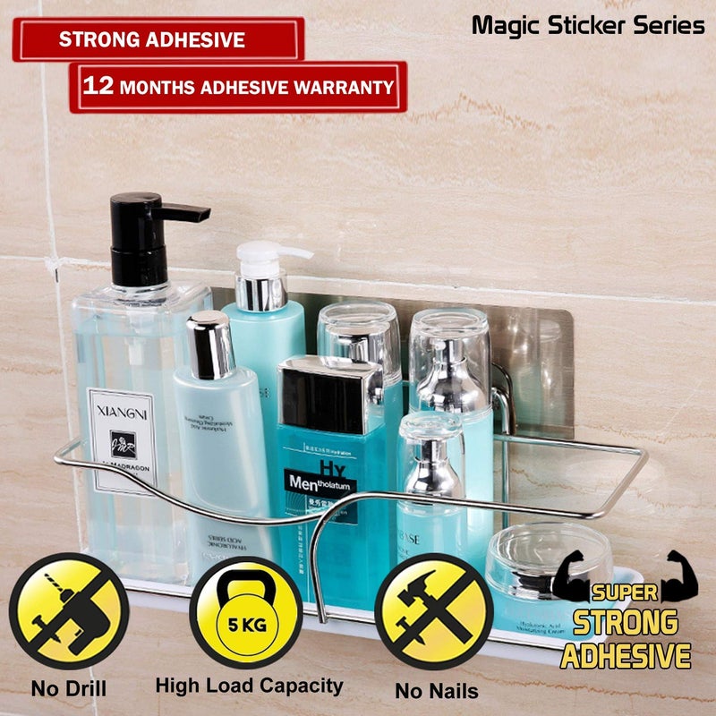 valashiv Stainless Steel Magic Sticker Series Self Adhesive Wall Mounted Bathroom Shelf White - Image 3
