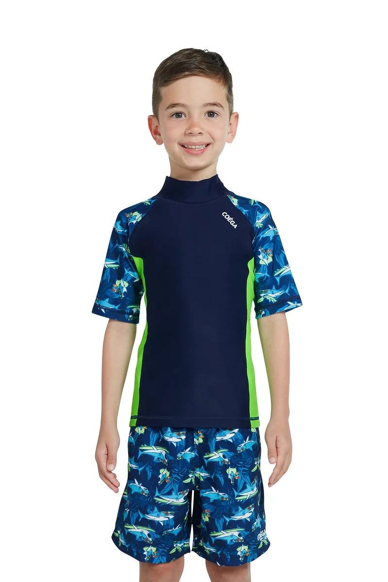 كويجا صن وير COEGA Boys Kids Rashguard Short Sleeve - Navy Sharks