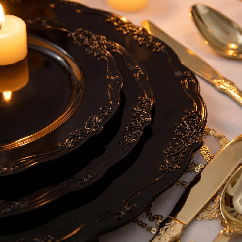 U-QE 100PCS Black Plastic Plates, Heavy Duty Black Plates Including 50PCS 10'' Dinner Plates & 50PCS 7.5'' Dessert Plate - Hard Plastic Plate for Party Wedding Bridal Shower - Image 4