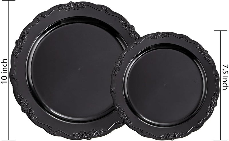 U-QE 100PCS Black Plastic Plates, Heavy Duty Black Plates Including 50PCS 10'' Dinner Plates & 50PCS 7.5'' Dessert Plate - Hard Plastic Plate for Party Wedding Bridal Shower - Image 2