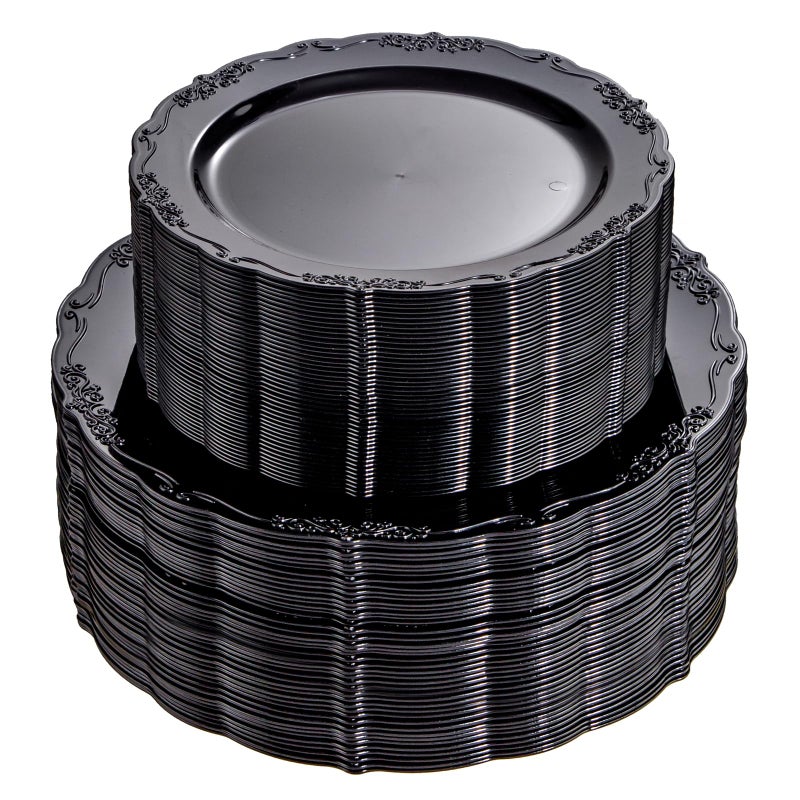 U-QE 100PCS Black Plastic Plates, Heavy Duty Black Plates Including 50PCS 10'' Dinner Plates & 50PCS 7.5'' Dessert Plate - Hard Plastic Plate for Party Wedding Bridal Shower - Image 1