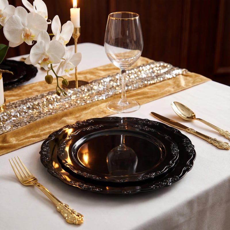 U-QE 100PCS Black Plastic Plates, Heavy Duty Black Plates Including 50PCS 10'' Dinner Plates & 50PCS 7.5'' Dessert Plate - Hard Plastic Plate for Party Wedding Bridal Shower - Image 3