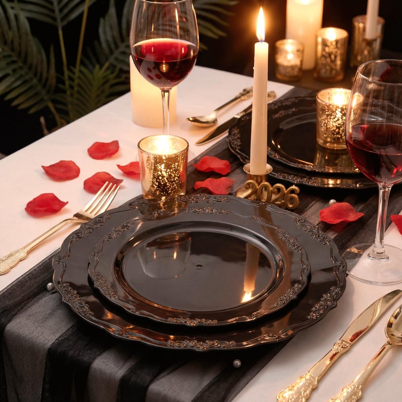 U-QE 100PCS Black Plastic Plates, Heavy Duty Black Plates Including 50PCS 10'' Dinner Plates & 50PCS 7.5'' Dessert Plate - Hard Plastic Plate for Party Wedding Bridal Shower - Image 5