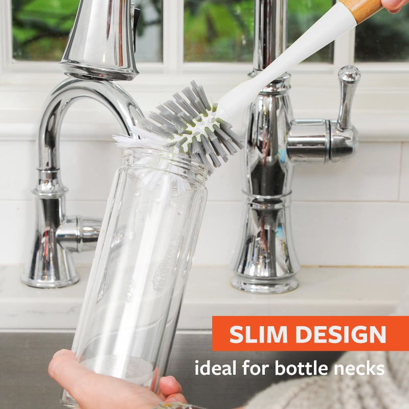 Full Circle Clean Reach - Bamboo Long Handle Bottle & Mug Brush with Replaceable Head, for Deep Cleaning Water Bottles, Baby Bottles, Glasses, and Tumblers, White - Image 3