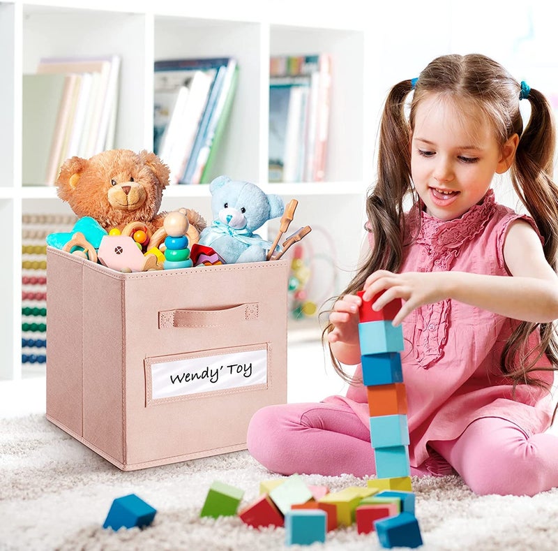 artsdi 13x13x13 storage cube bins(Set of 8) Fabric storage cubes with 8 Labels Window Cards & a Pen, storage cubes 13x13, Collapsible 13 inch cube storage bins, Cubby Boxes, Pink - Image 5