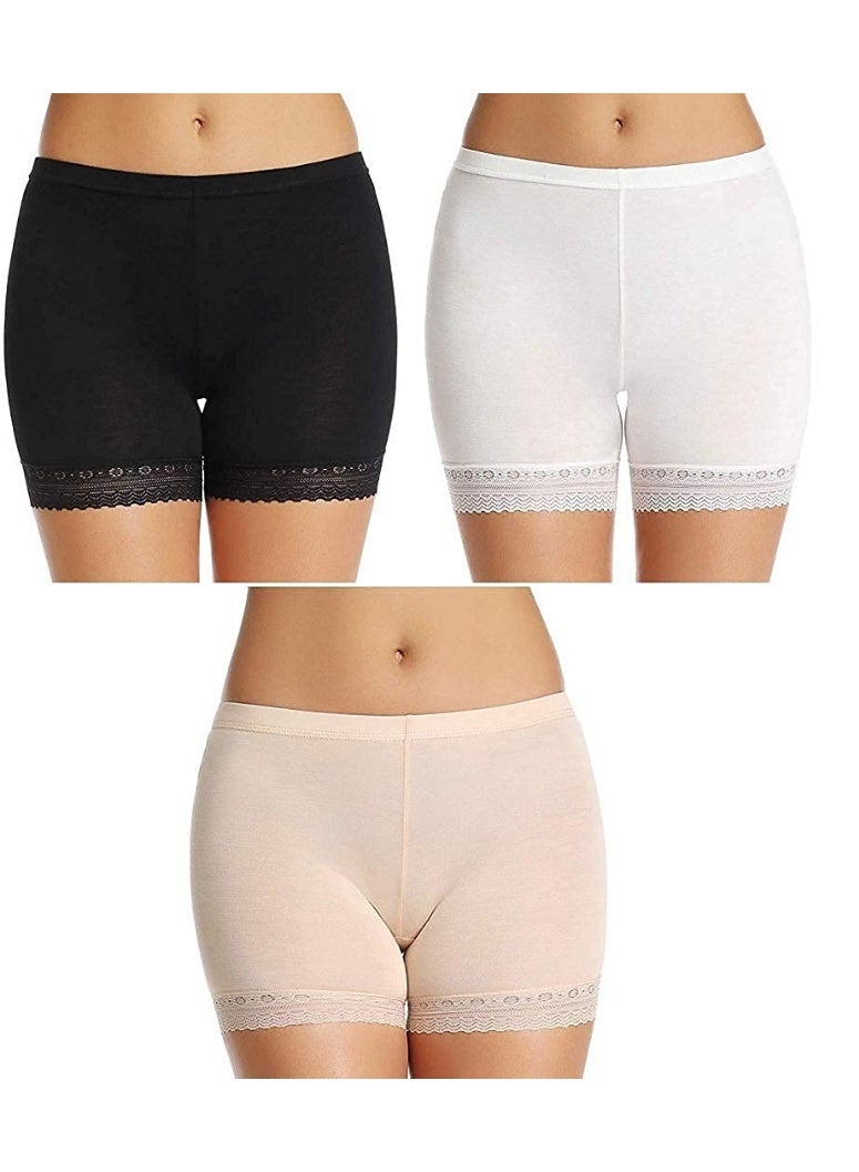 Glamroot Women's/Girl's Cotton Lycra Shorts with Lace Trim Cycling Shorts/Safety Shorts/Under Skirt Shorts/Night Shorts, Black/Beige/White, Pack Of 3 - Image 1
