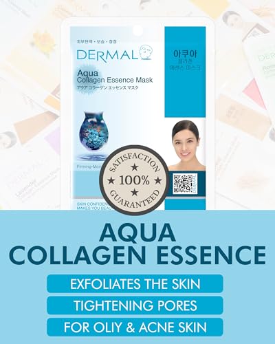 DERMAL Aqua Collagen Essence Full Face Facial Mask Sheet 23g Pak of 10 - Image 2