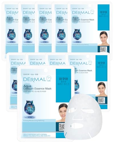 DERMAL Aqua Collagen Essence Full Face Facial Mask Sheet 23g Pak of 10 - Image 1